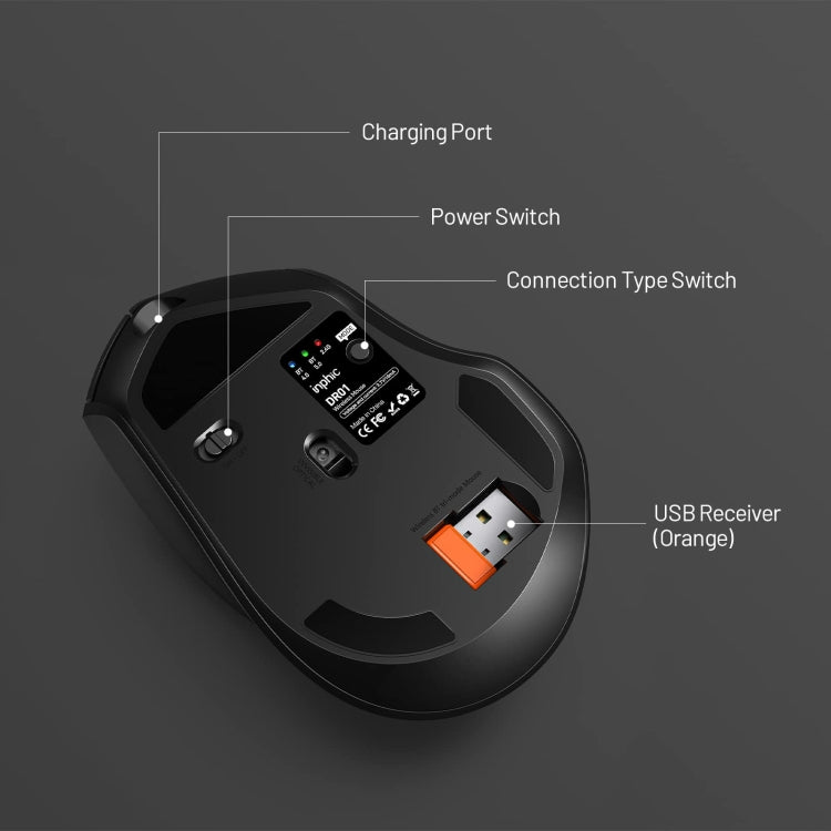 Ratón inalámbrico Inphic DR01 Bluetooth de 3 modos que carga el juego de oficina silencioso ordenador portátil uso doméstico, DR01 (Black)
