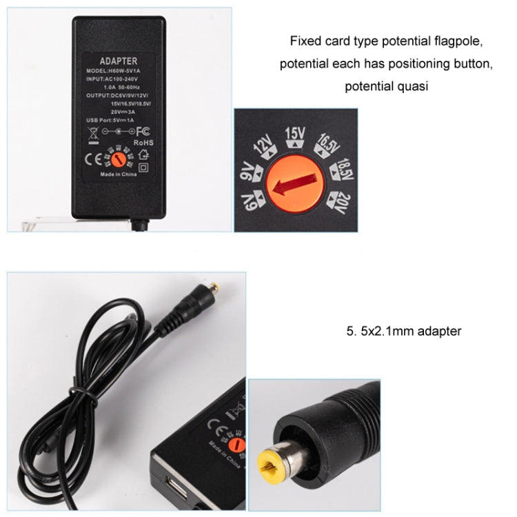 Cargador adaptador de corriente CC ajustable 65W 6-20V 3A, US Plug, EU Plug, UK Plug Small, AU Plug, UK Plug Large