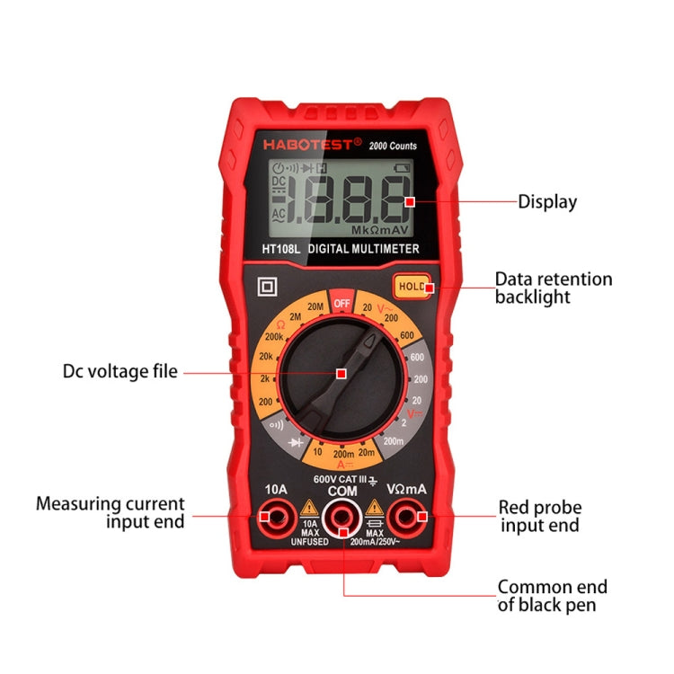 HABOTEST HT108L 600V 10A LCD Multímetro digital DC Voltaje Diodo Freguency Multitester Probador de corriente, HT108L