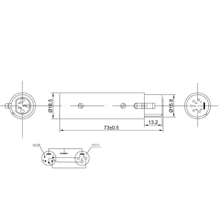Carcasa de aleación de zinc, XLR hembra grande de 3 pines a XLR macho de 5 pines, lámpara de señal DMX, adaptador XLR