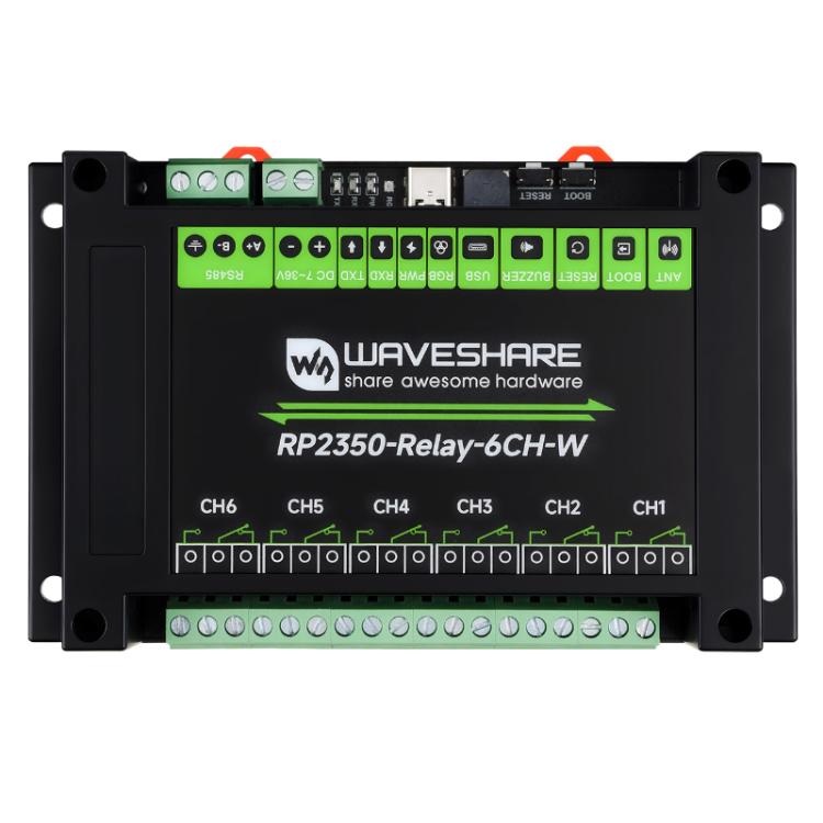Placa de control industrial WAVESHARE RP2350, módulo de relé de 6 canales, basado en el microcontrolador RP2350, compatible con interfaces externas RS485 y Pico., With Wi-Fi Module