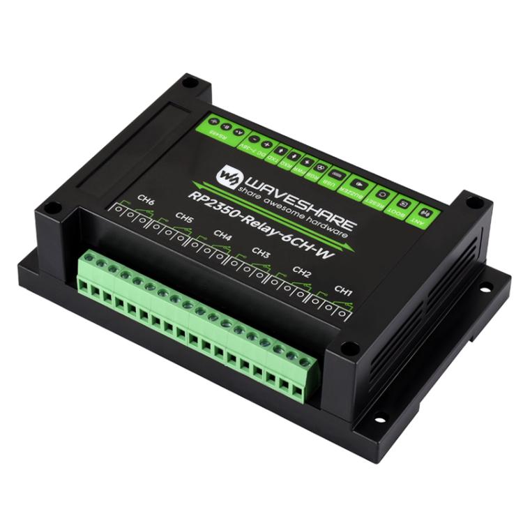Placa de control industrial WAVESHARE RP2350, módulo de relé de 6 canales, basado en el microcontrolador RP2350, compatible con interfaces externas RS485 y Pico., With Wi-Fi Module