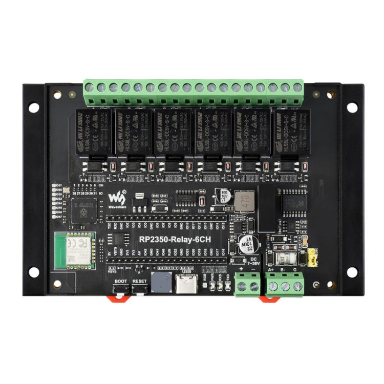 Placa de control industrial WAVESHARE RP2350, módulo de relé de 6 canales, basado en el microcontrolador RP2350, compatible con interfaces externas RS485 y Pico., With Wi-Fi Module