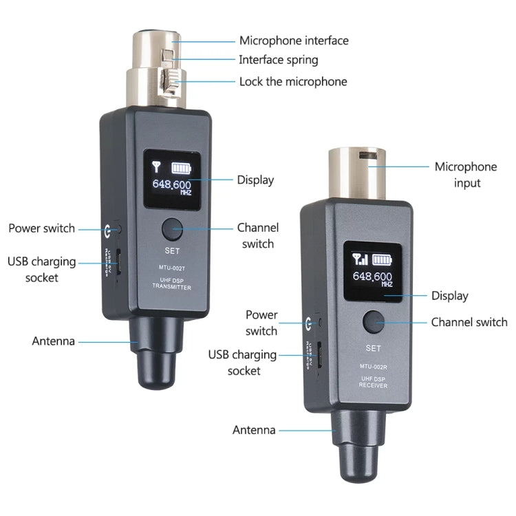 MTU-002 Sistema inalámbrico de micrófono UHF DSP Transmisor y receptor Micrófono/Línea Dos modos