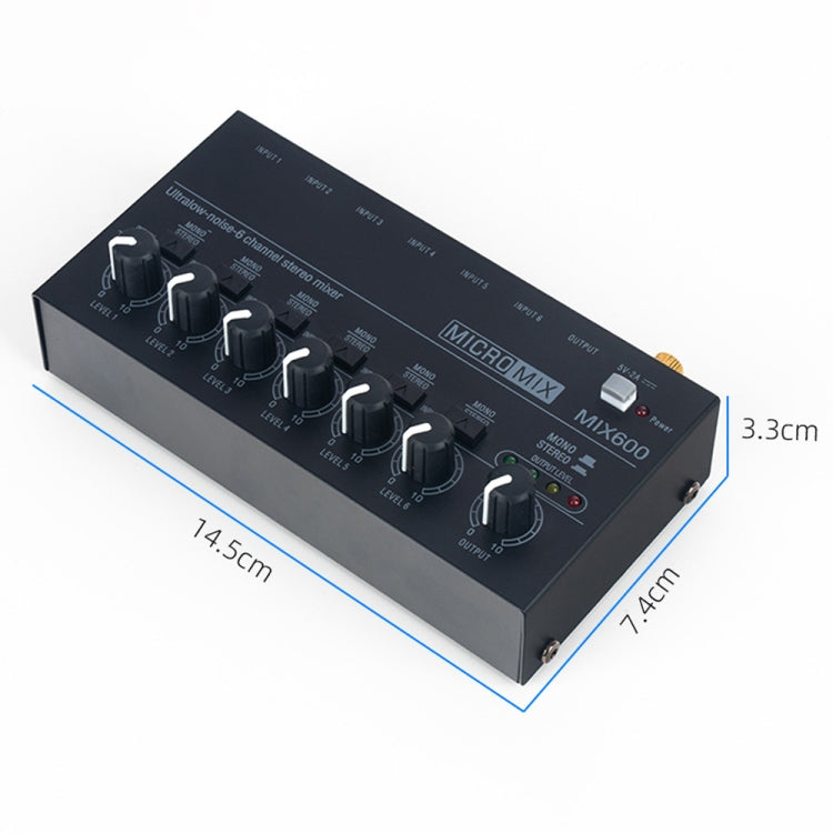Mezclador de audio estéreo ultracompacto y silencioso de 6 canales, enchufe estadounidense, MIX600