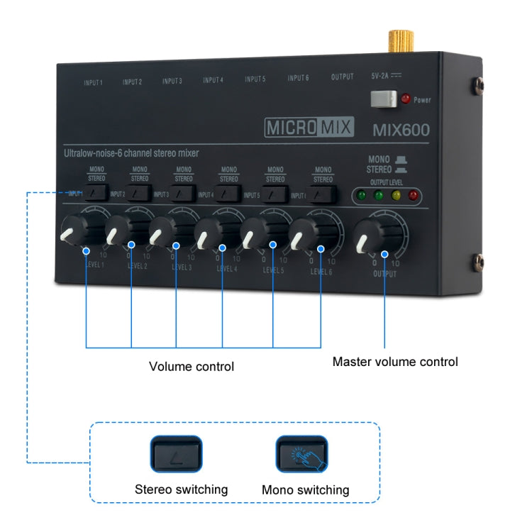 Mezclador de audio estéreo ultracompacto y silencioso de 6 canales, enchufe estadounidense, MIX600