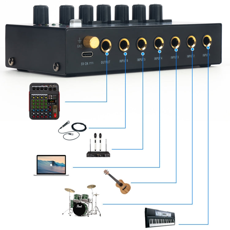 Mezclador de audio estéreo ultracompacto y silencioso de 6 canales, enchufe estadounidense, MIX600