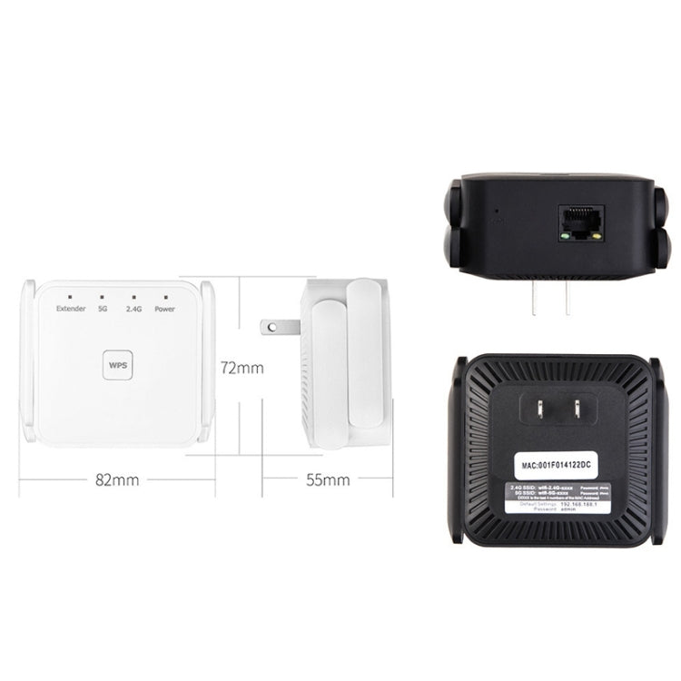 El repetidor amplificador de extensión WiFi de 1200Mbps 2,4G/5G admite puerto Ethernet, White EU Plug, White US Plug, White UK Plug, Black EU Plug, Black US Plug, Black UK Plug