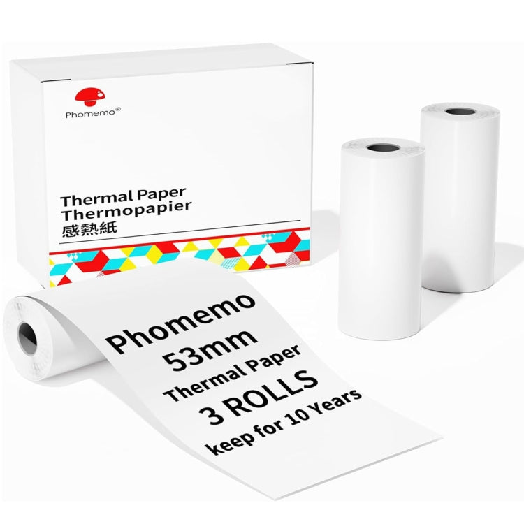 Papel térmico de secado rápido para escritura, larga duración de 10 años para impresora M832/M833/M834/M835, Phomemo 3rolls /Box 53mm, Phomemo 3rolls /Box 80mm, Phomemo 3rolls /Box 110mm, Phomemo 2rolls /Box A4, Phomemo 4rolls /Box A4                  ...