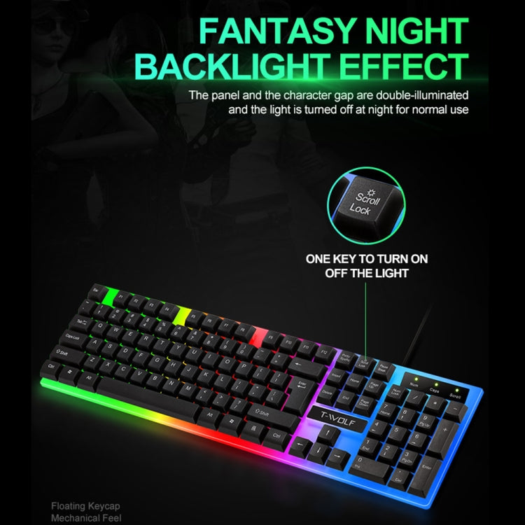 T-WOLF TF230 Kit de teclado y mouse con cable para computadora de oficina con efectos de luz coloridos, TF230 (Black), TF230 (White)