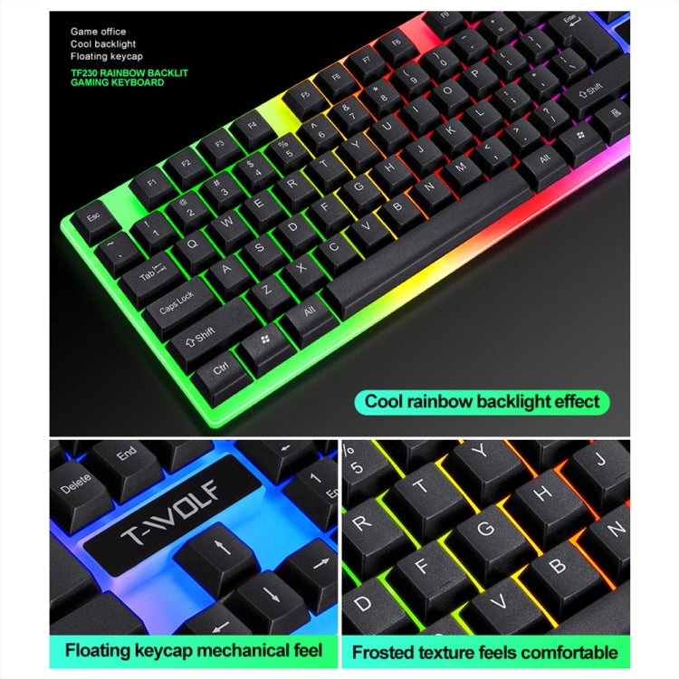 T-WOLF TF230 Kit de teclado y mouse con cable para computadora de oficina con efectos de luz coloridos, TF230 (Black), TF230 (White)