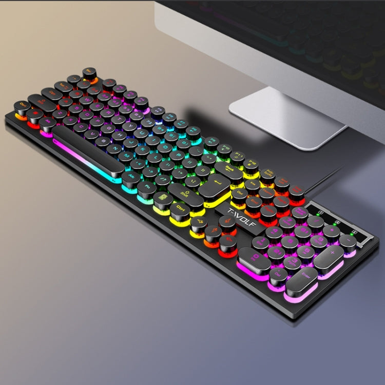 T-WOLF T80 Juego de oficina iluminado RGB de 104 teclas Teclado retro punk con cable, Black, Pink, White