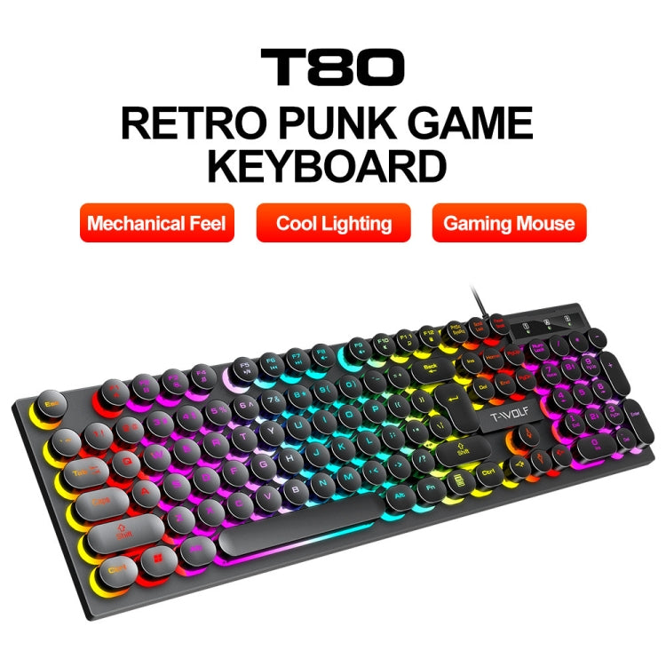 T-WOLF T80 Juego de oficina iluminado RGB de 104 teclas Teclado retro punk con cable, Black, Pink, White
