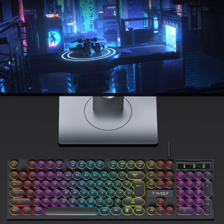 T-WOLF T80 Juego de oficina iluminado RGB de 104 teclas Teclado retro punk con cable, Black, Pink, White