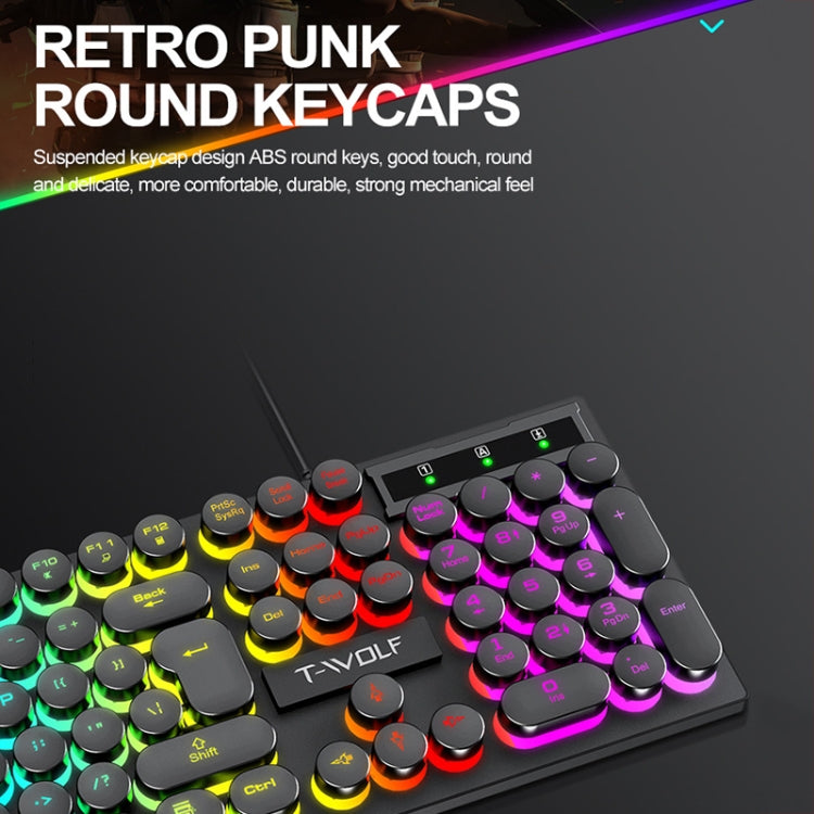 T-WOLF T80 Juego de oficina iluminado RGB de 104 teclas Teclado retro punk con cable, Black, Pink, White