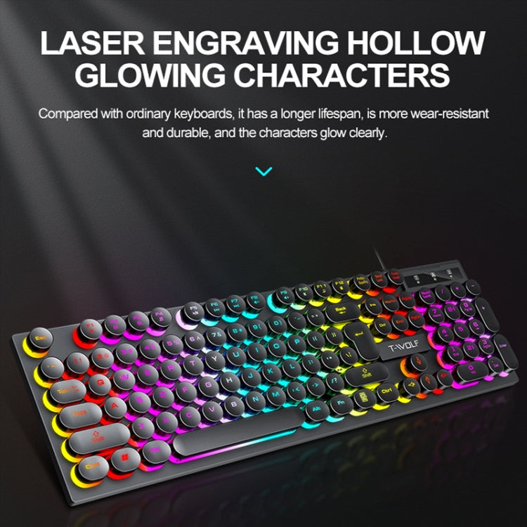 T-WOLF T80 Juego de oficina iluminado RGB de 104 teclas Teclado retro punk con cable, Black, Pink, White