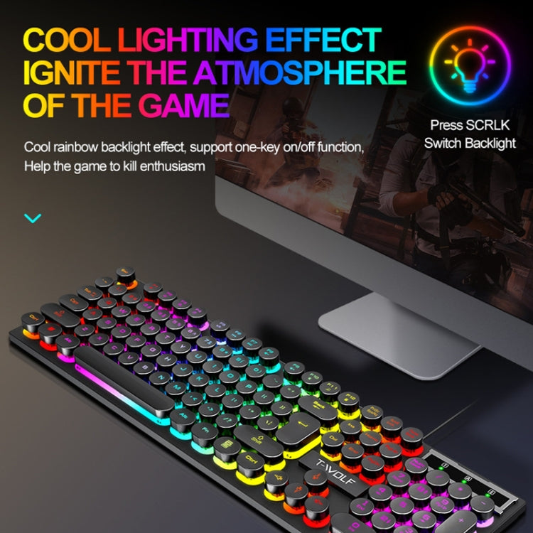 T-WOLF T80 Juego de oficina iluminado RGB de 104 teclas Teclado retro punk con cable, Black, Pink, White