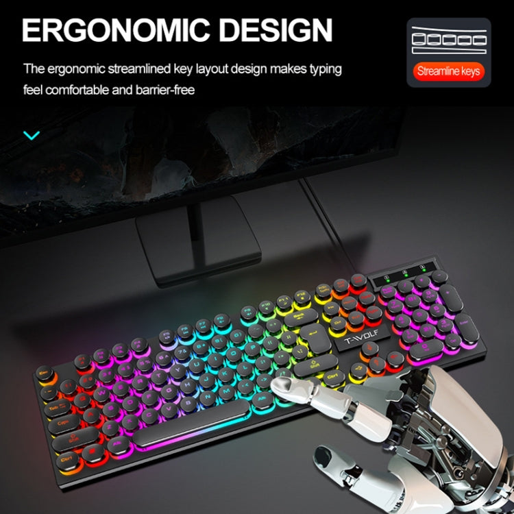 T-WOLF T80 Juego de oficina iluminado RGB de 104 teclas Teclado retro punk con cable, Black, Pink, White