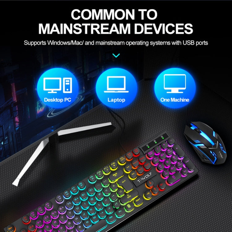 T-WOLF T80 Juego de oficina iluminado RGB de 104 teclas Teclado retro punk con cable, Black, Pink, White