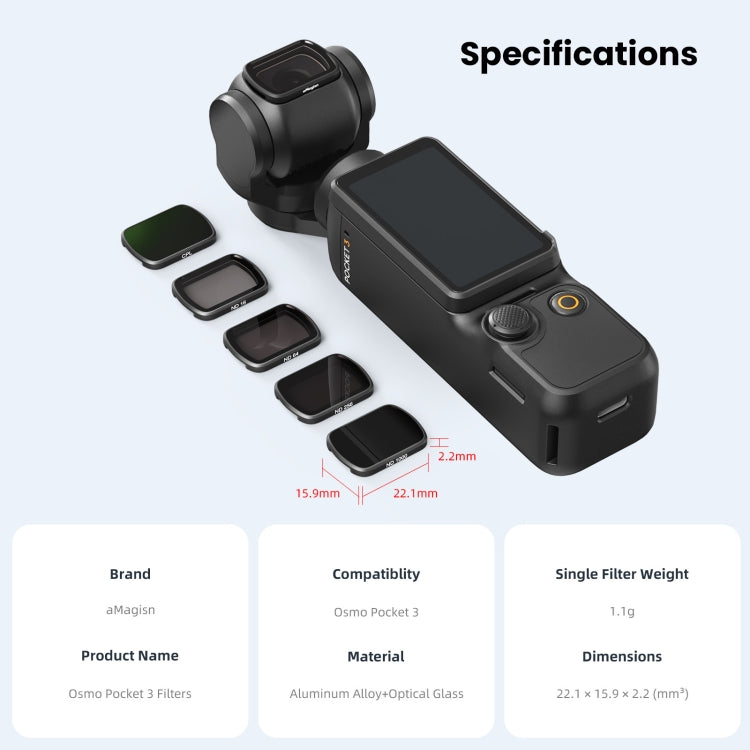 Para DJI Osmo Pocket 3 aMagisn HD Filtros recubiertos de doble cara Gafas protectoras para cámara deportiva, CPL, ND16+ND64+ND256 + CPL, ND16+ND64+ND256+ND1000