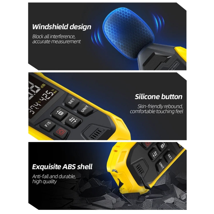 FNIRSI Medidor de decibelios de ruido Detector de volumen doméstico, Yellow