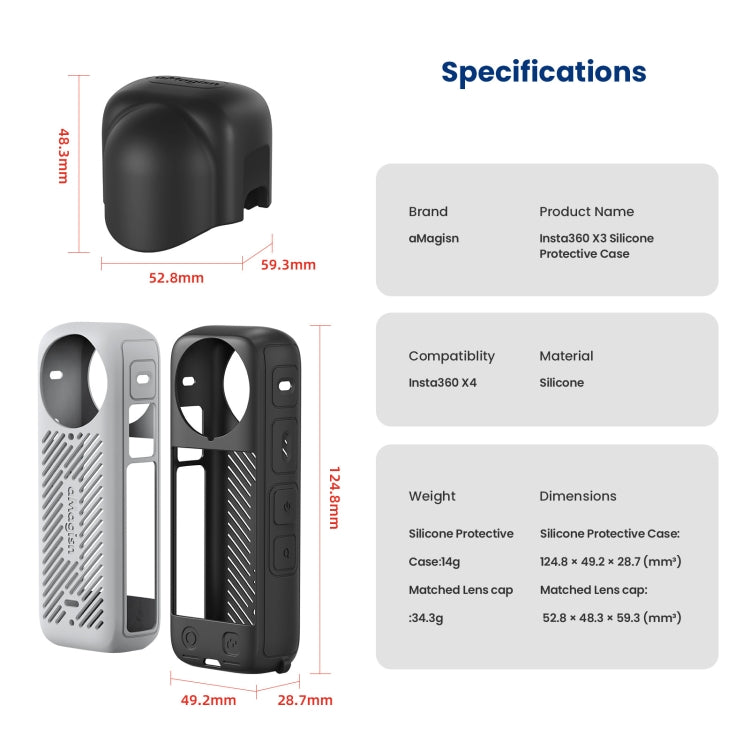 Para Insta360 X4 AMagisn Funda protectora de silicona, Body Case + Lens Cover Black, Body Case + Lens Cover Gray, Body Case Black, Body Case Gray, Lens Cover Black, Lens Cover Gray