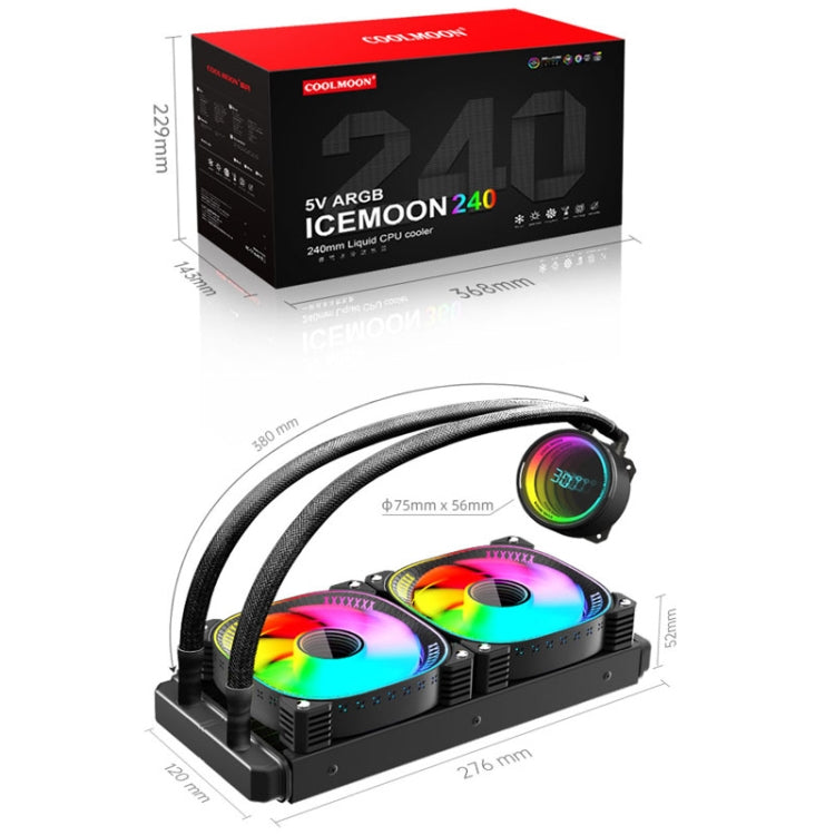 COOLMOON CM-YM-240T Edición de lente ARGB digital Refrigeración por agua integrada Enfriador de CPU Pantalla de temperatura Ventilador de CPU, CM-YM-240T