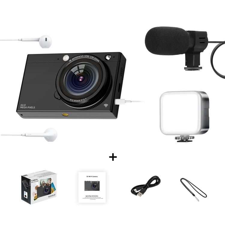 Cámara digital CCD de alta definición con tarjeta WiFi de 64 millones de píxeles, Black, White, Black + Microphone/Fill Light/Headphone Cable, White + Microphone/Fill Light/Headphone Cable, Black + Fill Light, White + Fill Light, Black + Microphone    ...