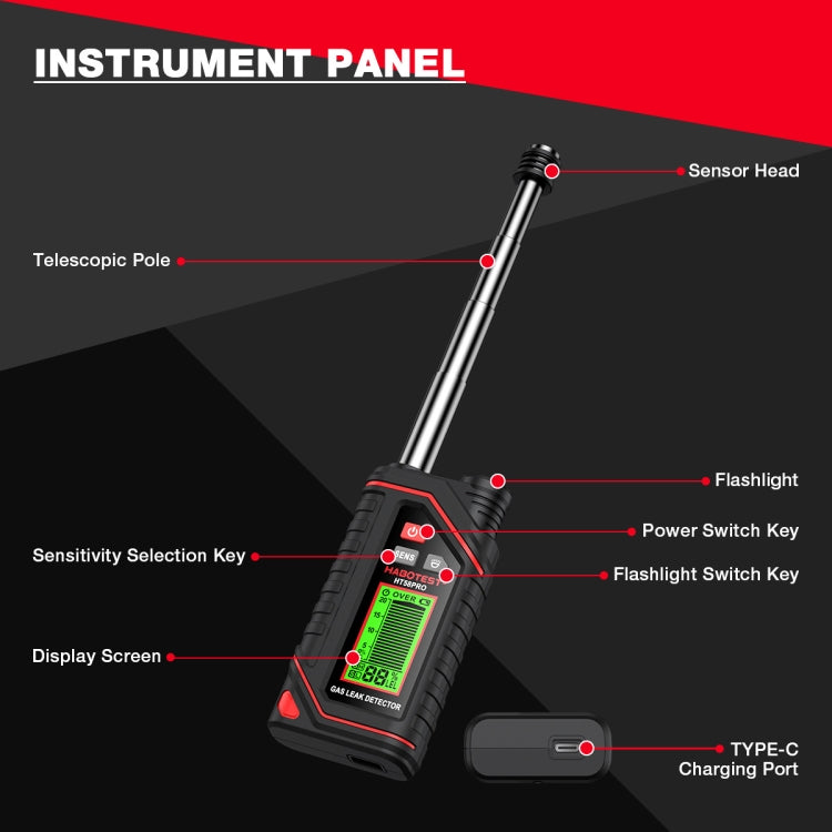 Detector de gas portátil recargable HABOTEST, HT629