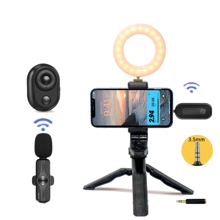 Micrófono de solapa inalámbrico con receptor de 3,5 mm y trípode con luz de relleno de 9 pulgadas para fotografía en vivo, Single Mic, Double Mic