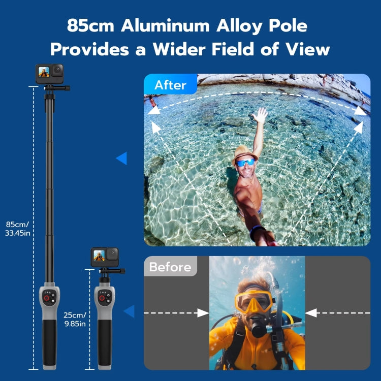 Palo selfie submarino TELESIN de 0,85 m con control remoto inalámbrico para GoPro HERO12 Black, HERO11 Black, HERO10 Black, HERO9 Black y HERO8 Black, Selfie Stick