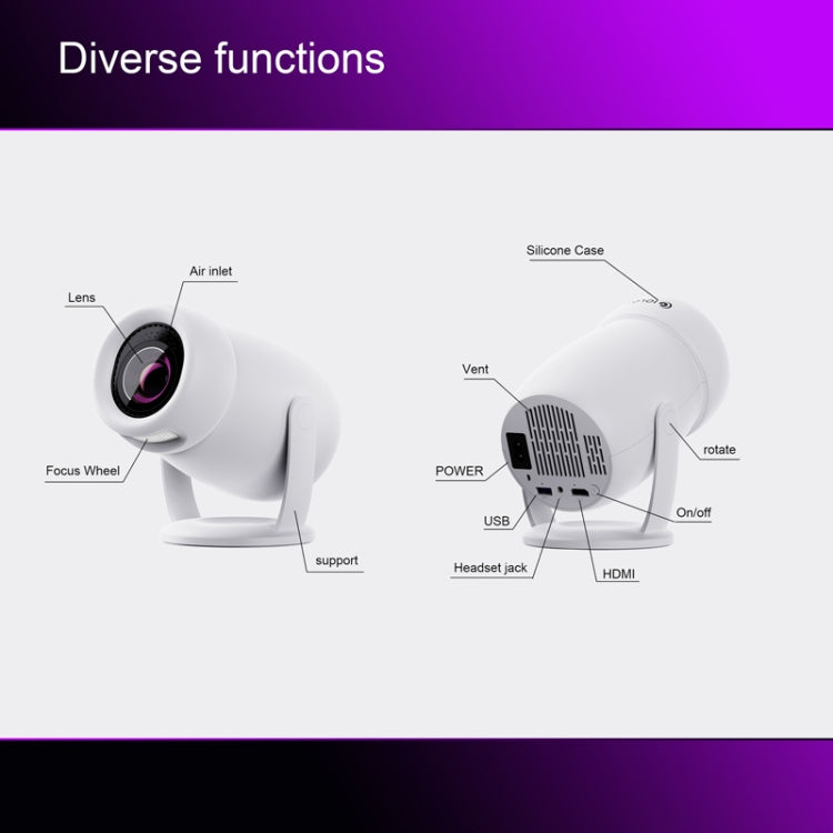 Proyector inteligente HY400 con sistema Android 12.0 Proyector familiar portátil, US Plug, EU Plug, UK Plug, AU Plug