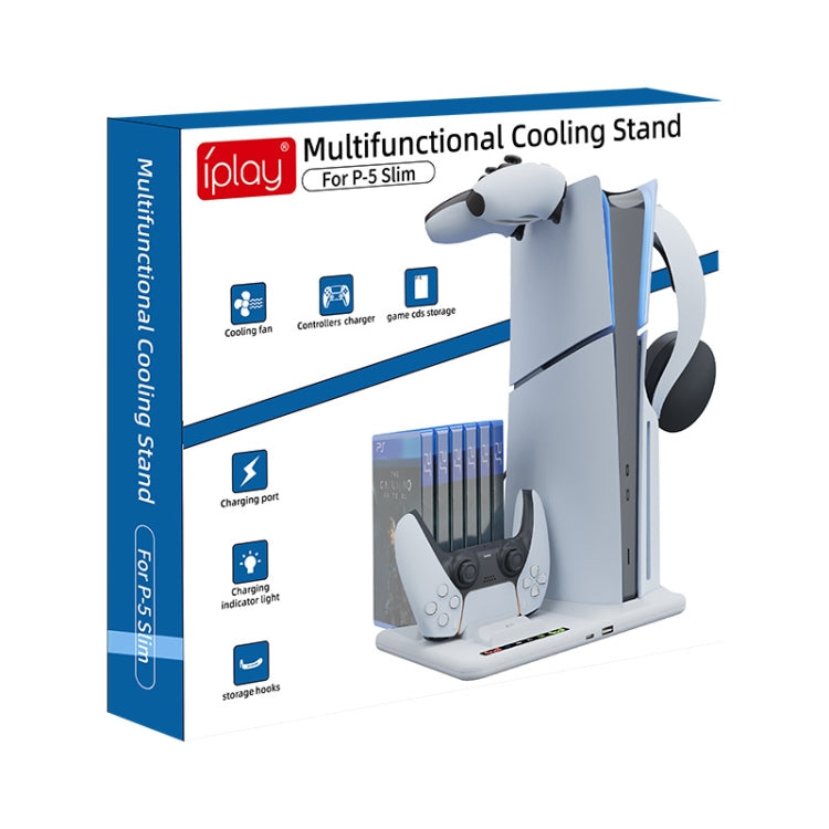 Soporte de refrigeración multifuncional iplay para PS5 Slim con estación de carga para dos controladores, soporte para auriculares y almacenamiento para 6 tarjetas de juego, HBP-537