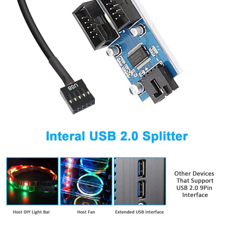 Cable de extensión USB 2.0 de 9 pines 1 en 2 para placa base con chip compatible con múltiples interfaces para uso compartido, 1 In 2