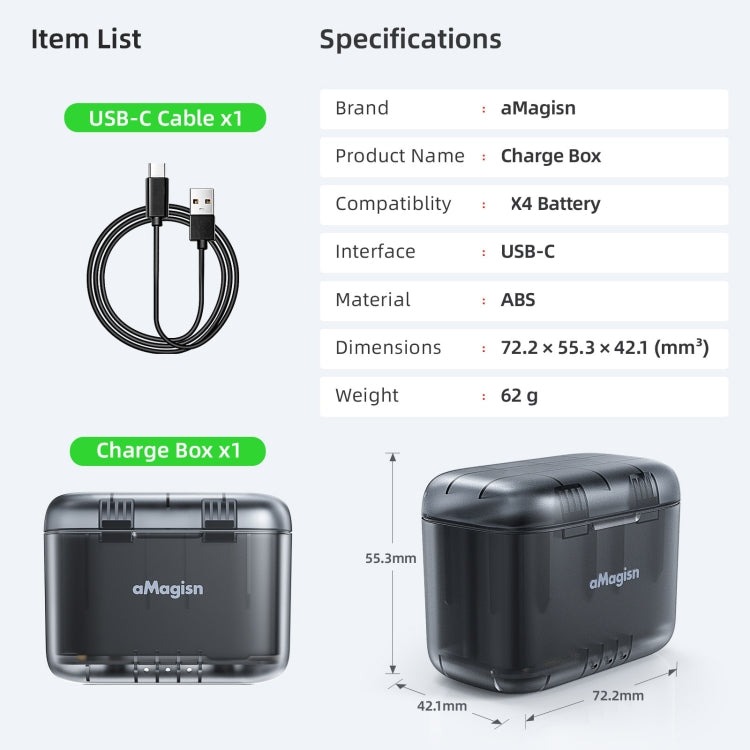 Compartimento de almacenamiento de batería transparente para Insta360 X4 AMigisn Dual Battery Charging Box, For Insta360 X4  Transparent