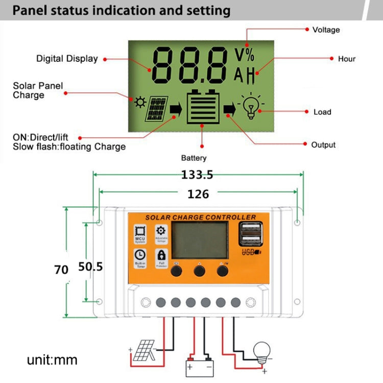 Controlador solar simple de 12 V/24 V, control de tiempo de luz, regulador de panel solar con USB, 10A, 20A, 30A