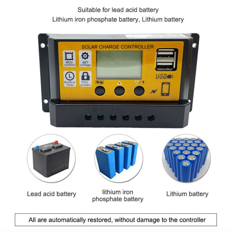 Controlador solar simple de 12 V/24 V, control de tiempo de luz, regulador de panel solar con USB, 10A, 20A, 30A