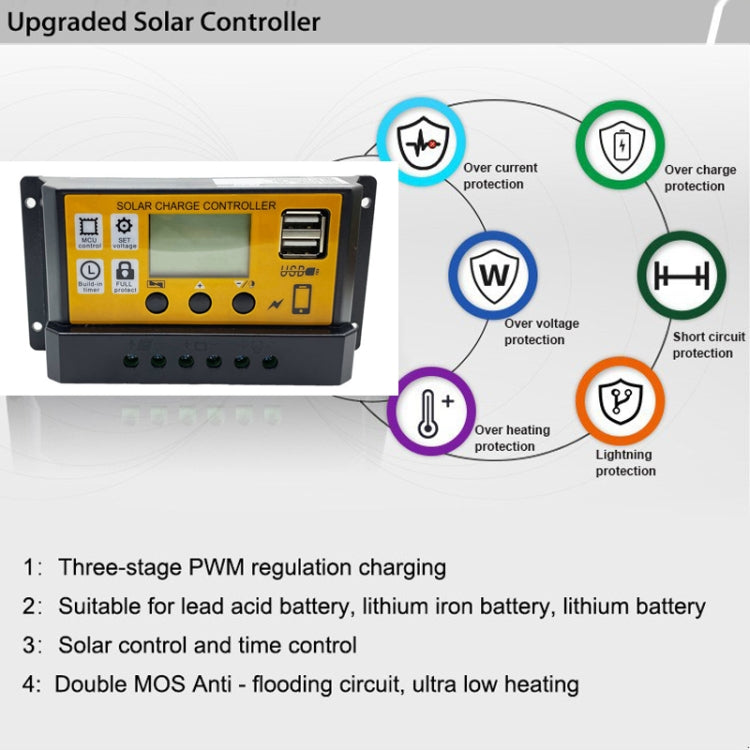 Controlador solar simple de 12 V/24 V, control de tiempo de luz, regulador de panel solar con USB, 10A, 20A, 30A