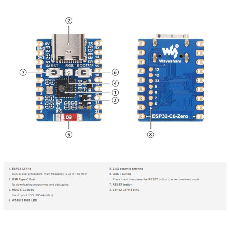 Placa de desarrollo de procesador dual Waveshare ESP32-C6 Mini WiFi 6 y Bluetooth 5, Zero, Zero-M