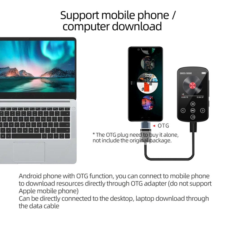 Reproductor de música MP3 con Bluetooth, clip deportivo de alta fidelidad, pantalla táctil, MP4, No TF Card, 8GB, 16GB, 32GB, 64GB, 128GB
