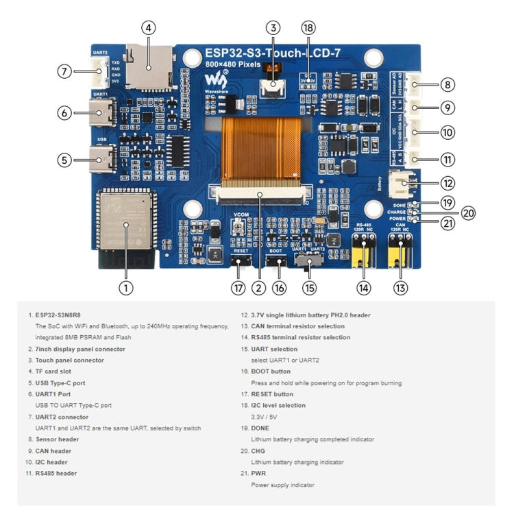 Placa de desarrollo con pantalla táctil Waveshare ESP32-S3 de 7 pulgadas y resolución 800 x 480, 7-Inch