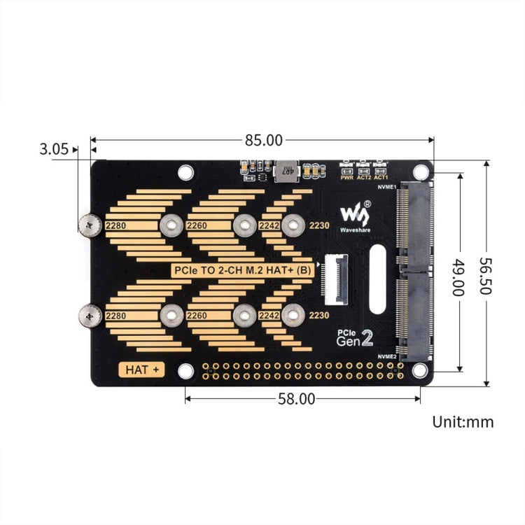 Adaptador PCIe a M.2 de 2 canales de Waveshare para Raspberry Pi 5, tipo B, protocolo NVMe, 27710