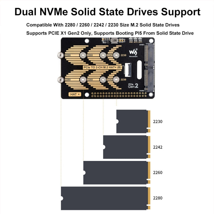 Adaptador PCIe a M.2 de 2 canales de Waveshare para Raspberry Pi 5, tipo B, protocolo NVMe, 27710