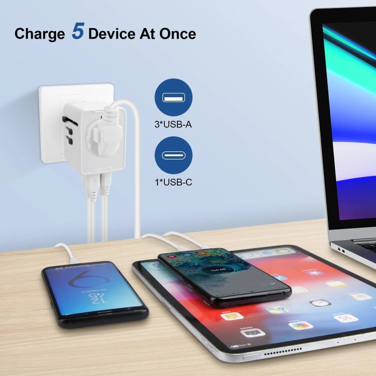 Adaptador de enchufe de viaje internacional con 3 puertos USB y 1 puerto USB-C/Tipo-C Bloque de carga universal, HHT520 Black, HHT520  White