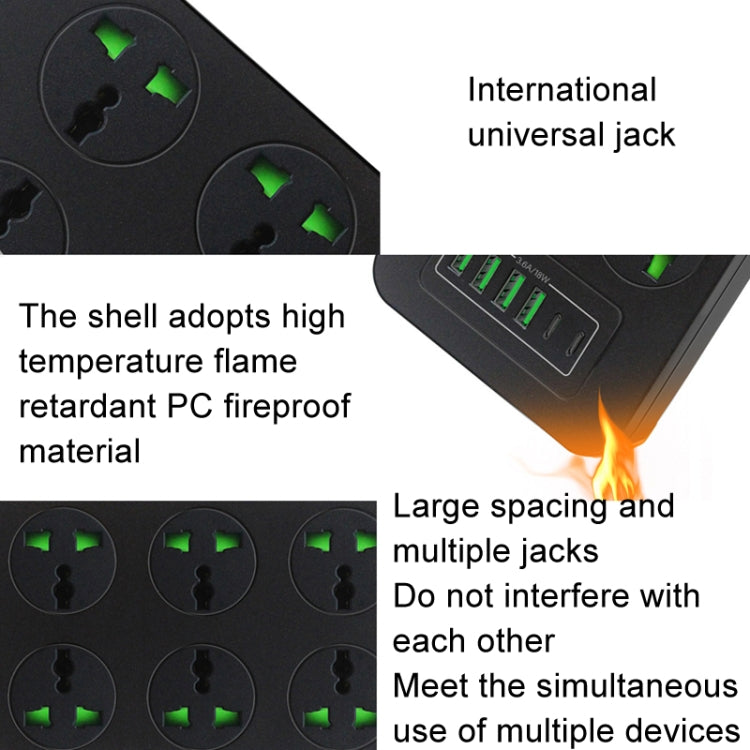Toma de corriente con protección contra sobrecarga a prueba de rayos, 4 puertos USB, 2 puertos PD y 6 orificios, Black EU Plug, Black US Plug, Black UK Plug, White EU Plug, White US Plug, White UK Plug