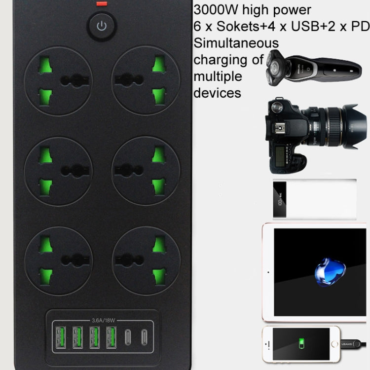 Toma de corriente con protección contra sobrecarga a prueba de rayos, 4 puertos USB, 2 puertos PD y 6 orificios, Black EU Plug, Black US Plug, Black UK Plug, White EU Plug, White US Plug, White UK Plug