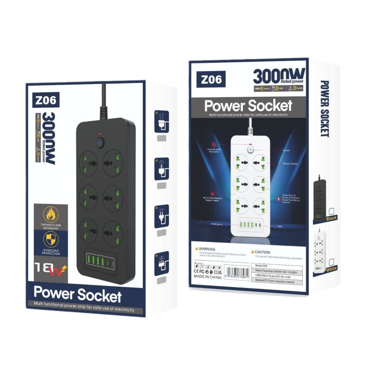 Toma de corriente con protección contra sobrecarga a prueba de rayos, 4 puertos USB, 2 puertos PD y 6 orificios, Black EU Plug, Black US Plug, Black UK Plug, White EU Plug, White US Plug, White UK Plug