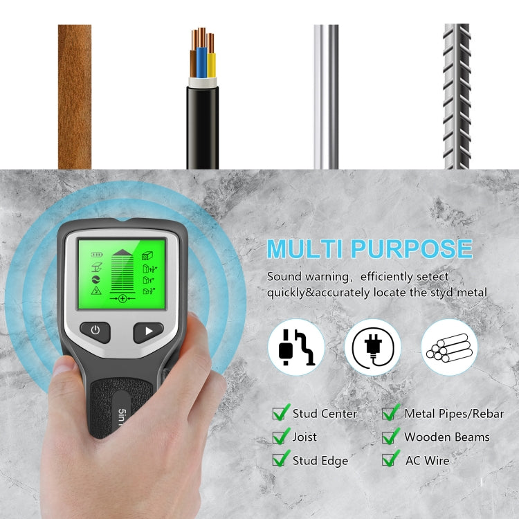 Detector de montantes de pared 5 en 1 HLW330 Detección de cables de CA, corriente de madera, centro de borde y metal, Silver, Orange, Black