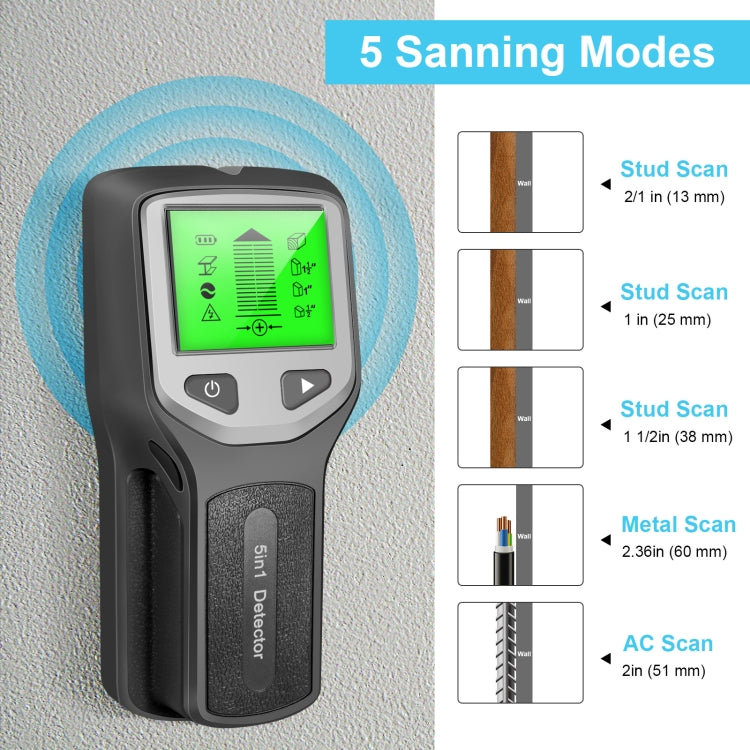Detector de montantes de pared 5 en 1 HLW330 Detección de cables de CA, corriente de madera, centro de borde y metal, Silver, Orange, Black
