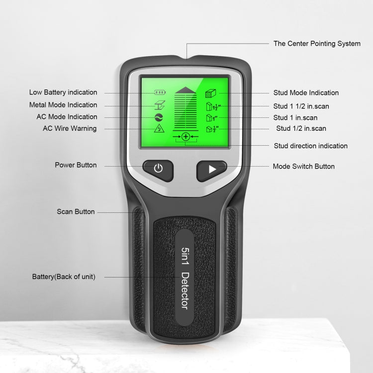 Detector de montantes de pared 5 en 1 HLW330 Detección de cables de CA, corriente de madera, centro de borde y metal, Silver, Orange, Black